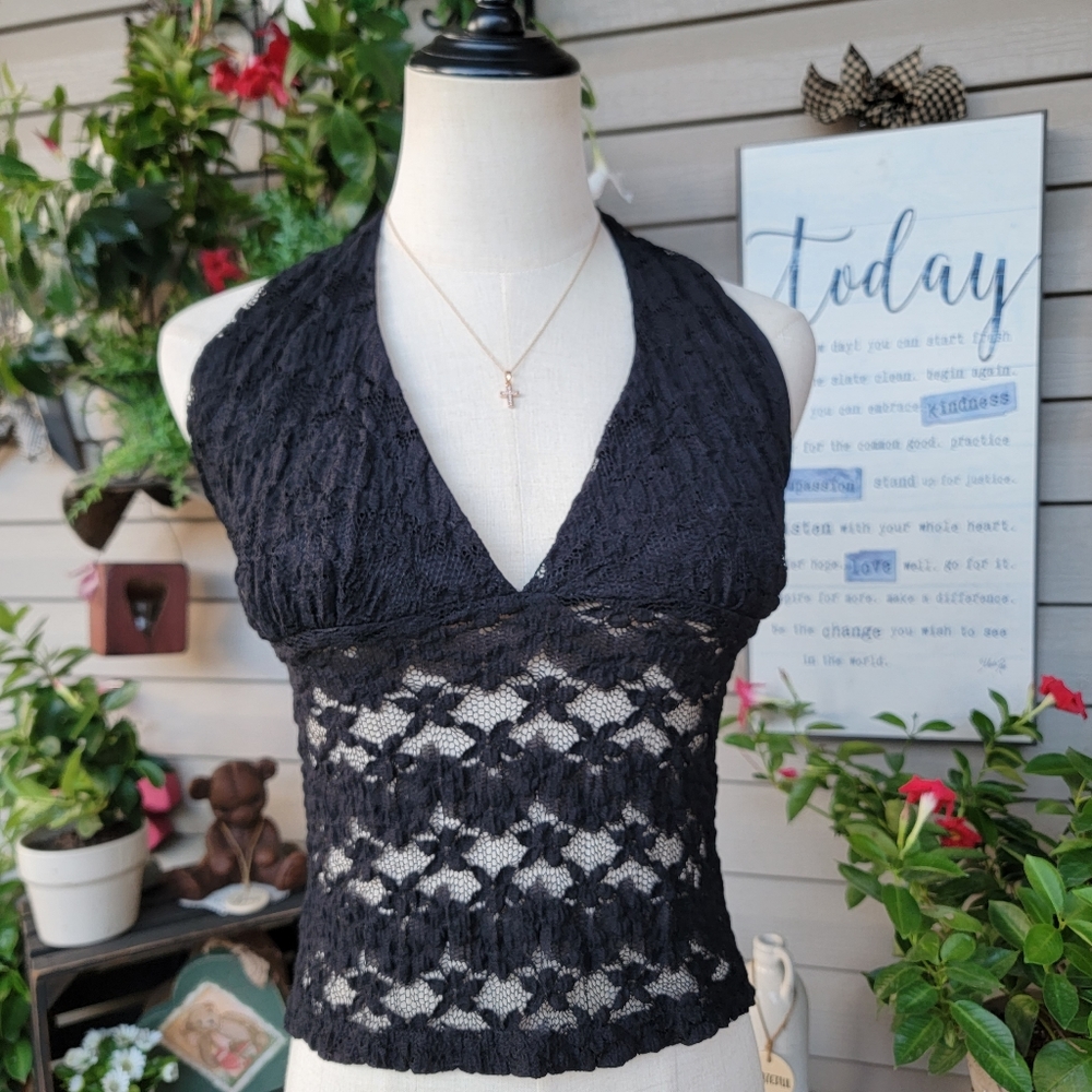 KHAKI KREW ♡ Vintage Black Lacey Over Head Lined Bralette Crop Halterneck S